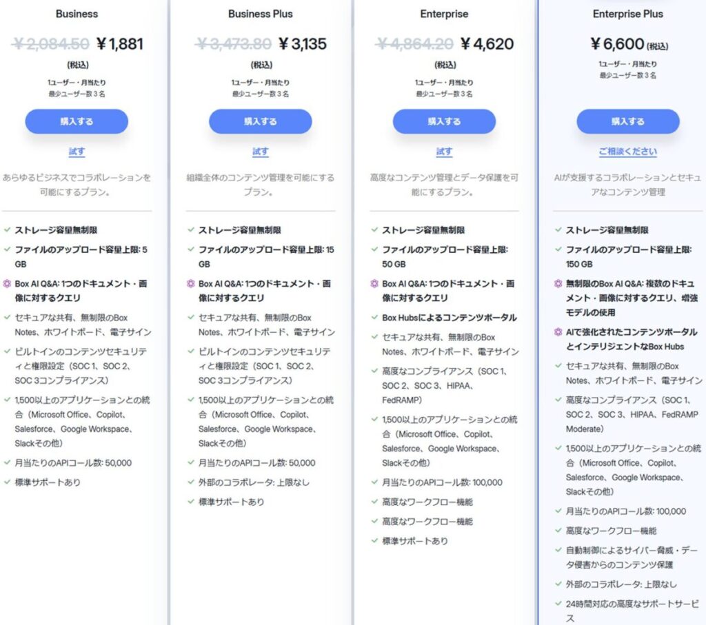 20250318のBoxプラン価格表
