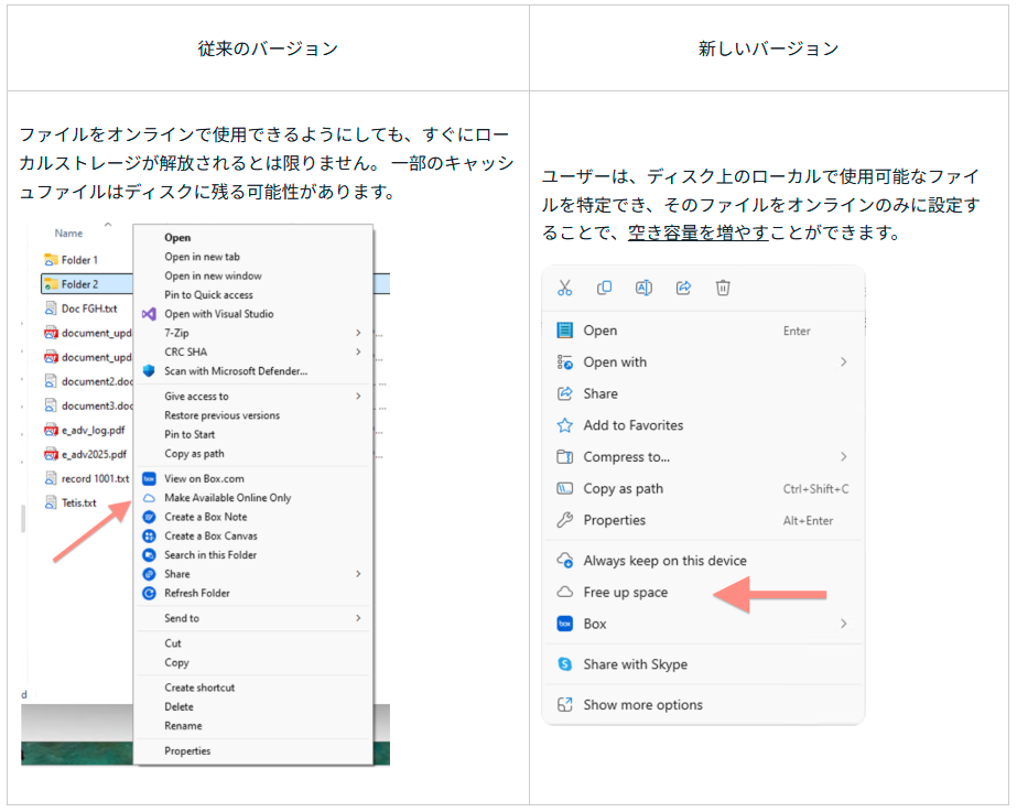 空き容量解放機能（Free up space）旧 vs 新比較