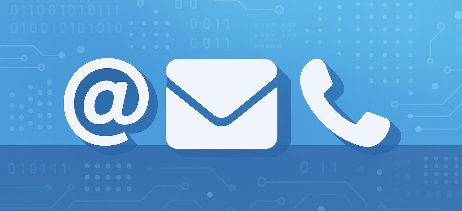 お問い合わせページ用のIT系アイコン（メール・電話・アットマーク）のイメージ画像
