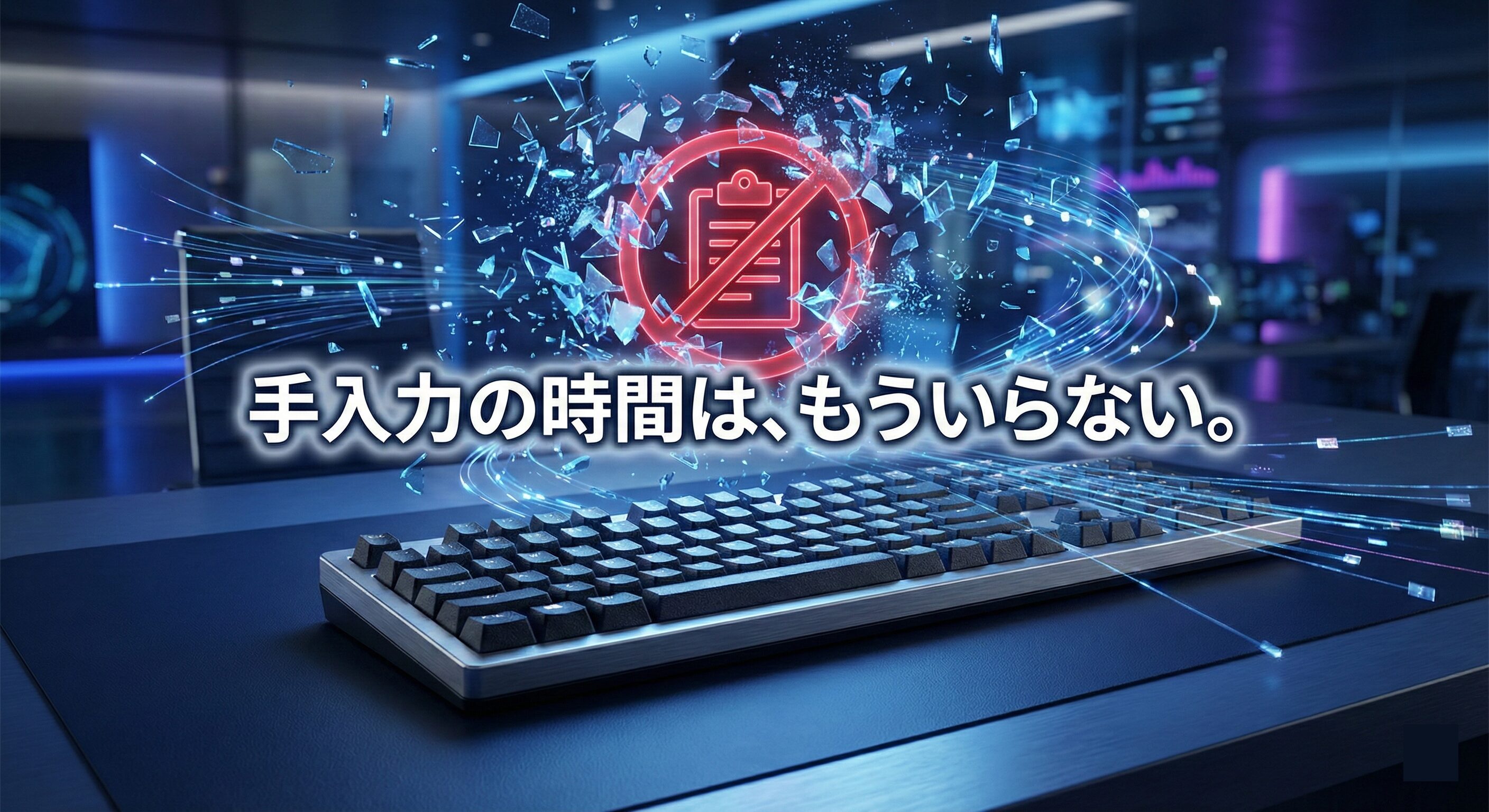 砕け散る貼り付け禁止アイコンと「手入力の時間は、もういらない。」の日本語テキスト