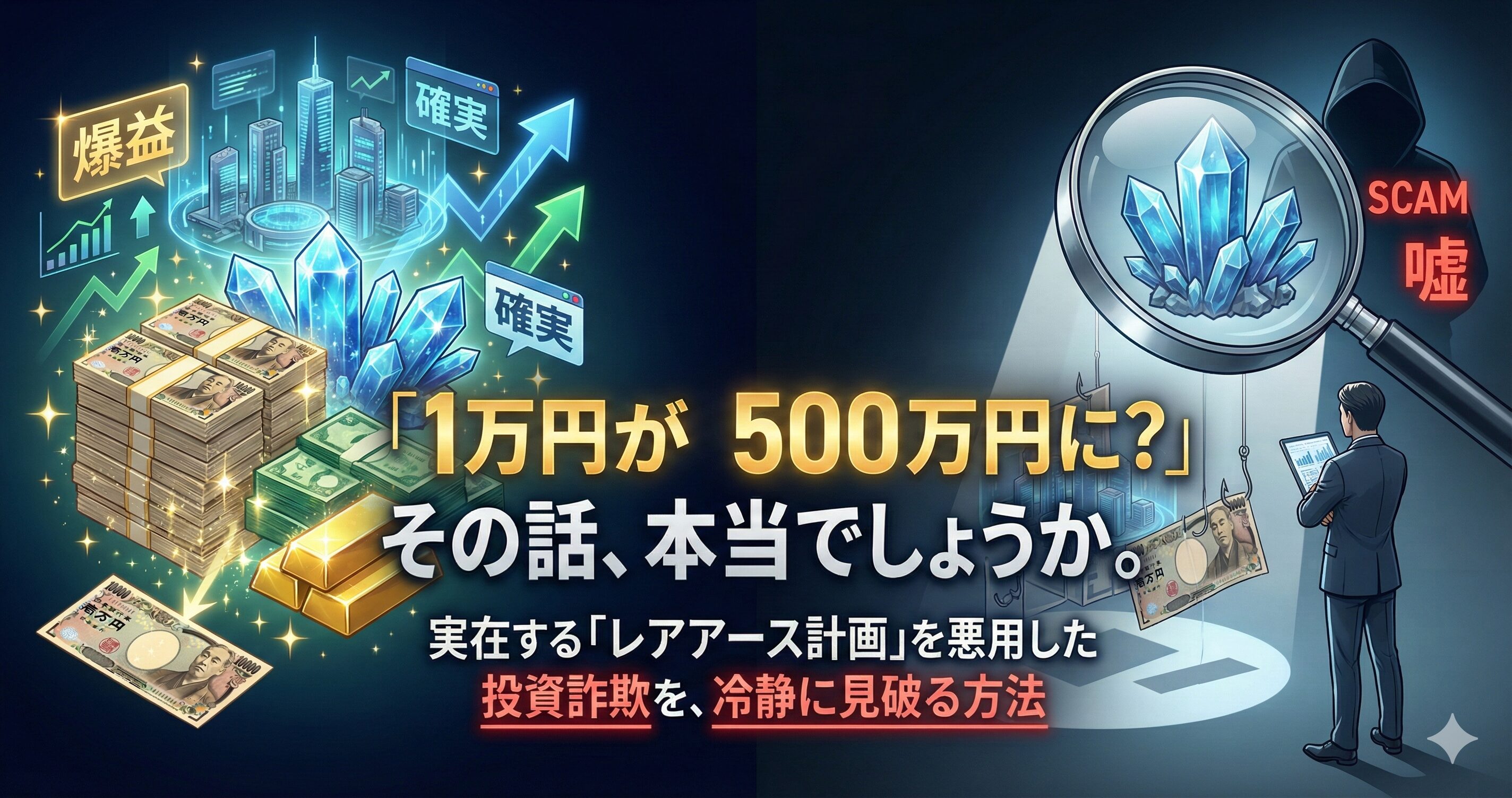 「1万円が500万円に？」というキャッチコピーとともに、レアアースの結晶、現金の山、それらを虫眼鏡で調査する人物が描かれたアイキャッチ画像。