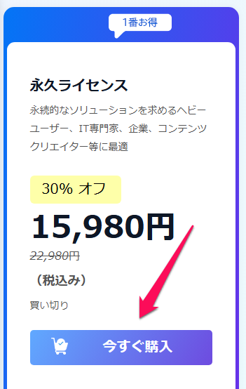 RecoveryFox AIの永久ライセンス購入画面。30%オフの価格が表示されている。