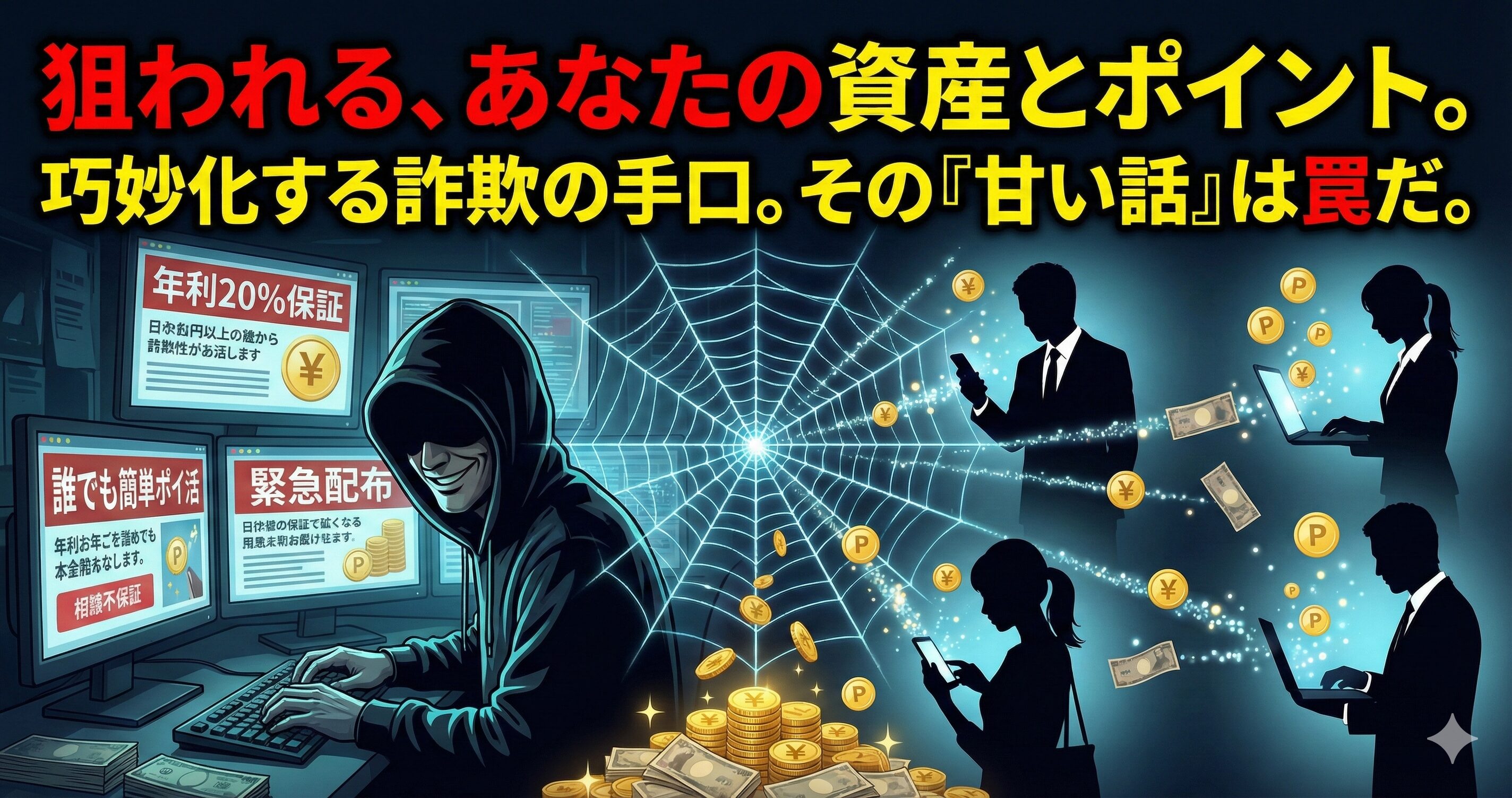 フードを被った詐欺師がPCを操作し、蜘蛛の巣状のネットワークを通じてSNSユーザーの資産やポイントを奪おうとしている様子を描いたイラスト。